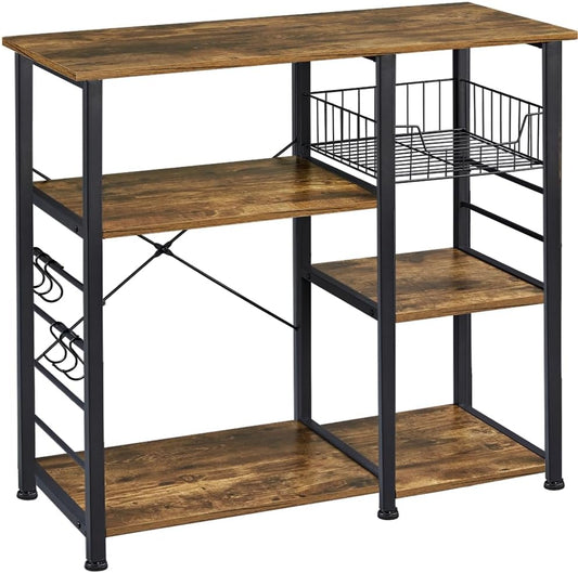 Yaheetech 4-Tier Kitchen Baker'S Rack, Coffee Bar Microwave Stand Cart with Wire Basket & 6 Side Hooks, Kitchen Organizer Shelf for Spices/Utensils Foods, Rustic Brown