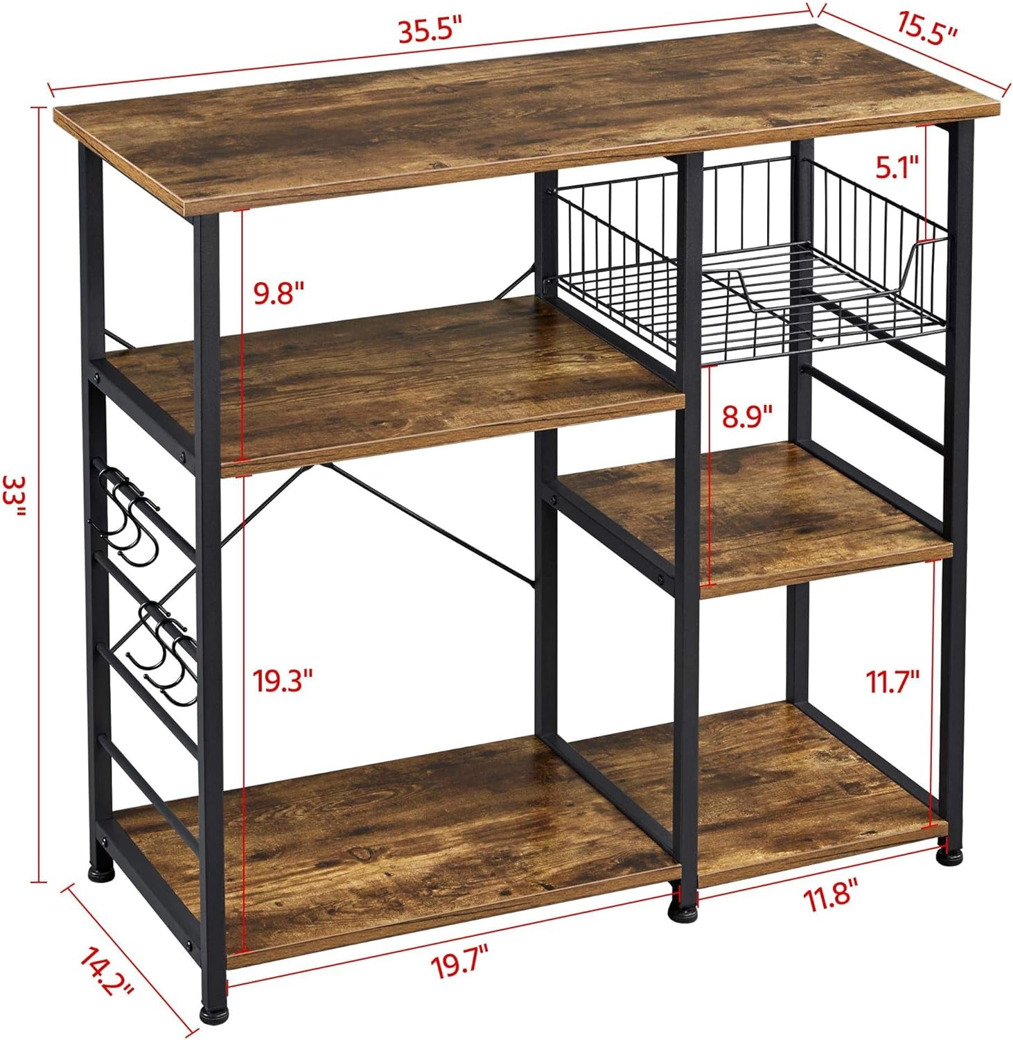 Yaheetech 4-Tier Kitchen Baker'S Rack, Coffee Bar Microwave Stand Cart with Wire Basket & 6 Side Hooks, Kitchen Organizer Shelf for Spices/Utensils Foods, Rustic Brown