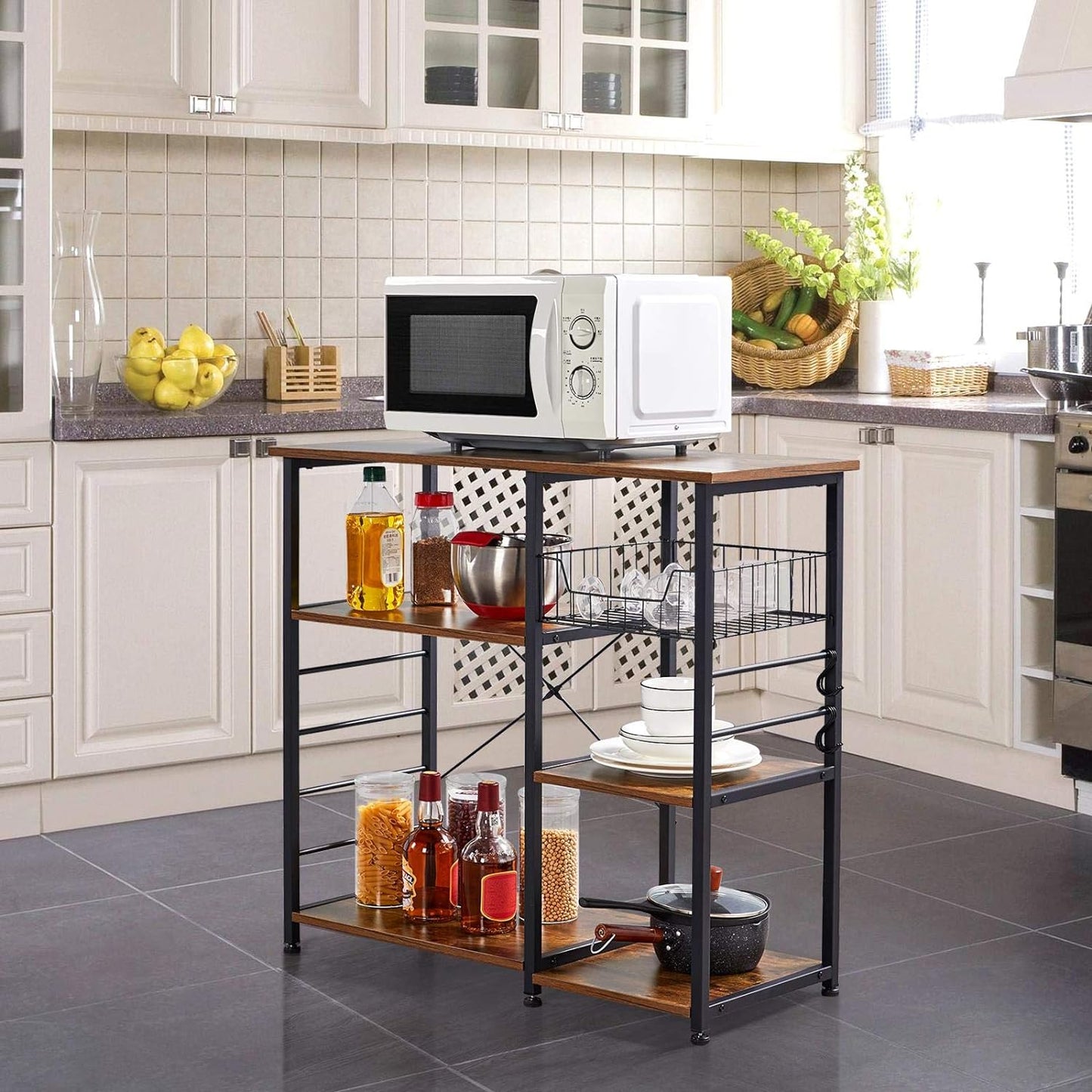 Yaheetech 4-Tier Kitchen Baker'S Rack, Coffee Bar Microwave Stand Cart with Wire Basket & 6 Side Hooks, Kitchen Organizer Shelf for Spices/Utensils Foods, Rustic Brown